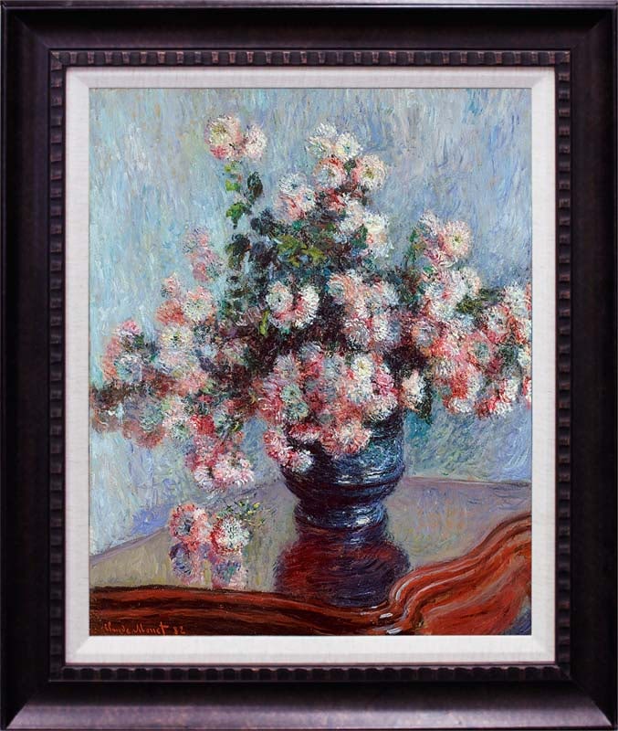 Claude Monet Chrysanthemums Hand Embellished Painting on Canvas Still Life: Claude Monet Chrysanthemums after Claude Monet. Original done in 1882. Approx 26x34 inches. Limited Edition Hand Embellished Painting on canvas Saint-Lazare Station. Includes documentation The signatu