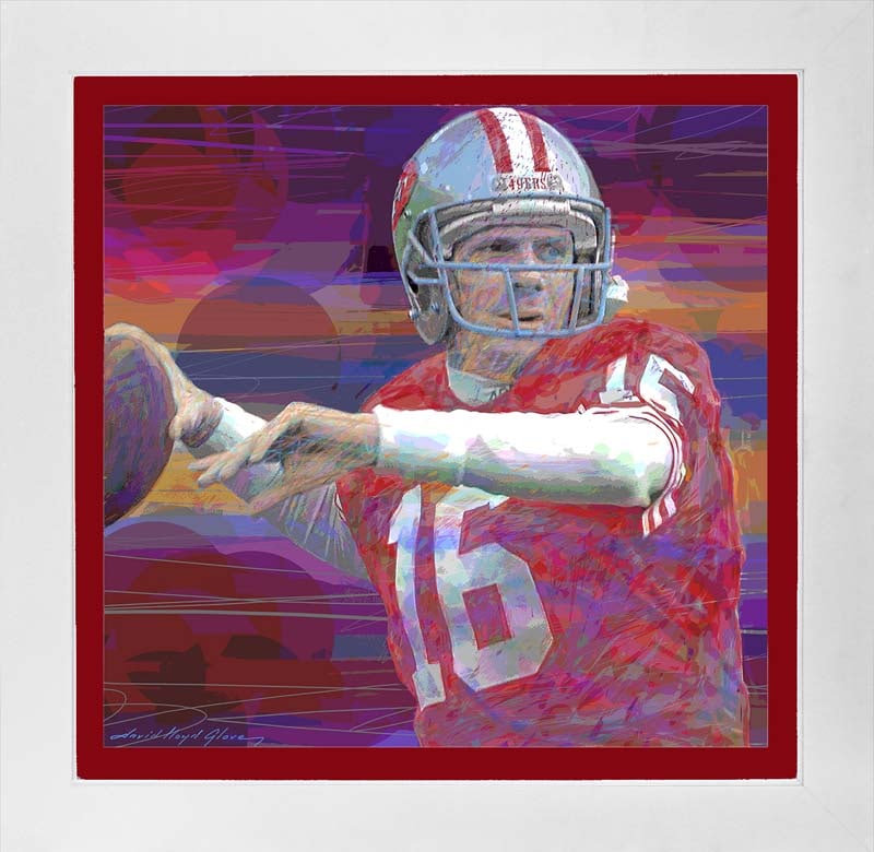David Lloyd Glover (Canadian 1949) Joe Montana Hand Embellished Painting on canvas by David Lloyd: Joe Montana Hand Embellished Painting on canvas by David Lloyd Glover Hand signed by the artist. On canvas. Approx image size 18x24 inches. Custom framed and includes certificate. This work was purcha