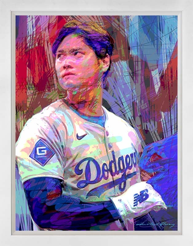 David Lloyd Glover (Canadian 1949) Shohei Ohtani Dodger Blue Original Mixed Media Painting on canvas: Shohei Ohtani Dodger Blue Original Mixed Media Painting on canvas by David Lloyd Glover Original Mixed Media Painting on canvas by David Lloyd Glover Hand signed by the artist. Custom framed and inclu