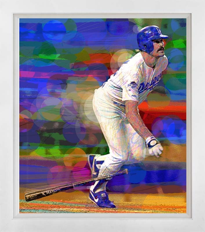 David Lloyd Glover (Canadian 1949) Kirk Gibson 1988 World Series on canvas David Lloyd Glover.: Hand Embellished Painting oil and ink on canvas by David Lloyd Glover Hand signed by the artist image size. Approx image size 20 x 26 inches Custom framed and includes certificate. This work was purch