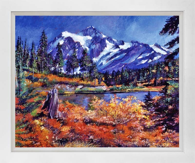 David Lloyd Glover (Canadian 1949) October Alpine Lake Mount Shuksan Mixed Media Original Painting: Mixed media Original Painting on canvas by David Lloyd Glover Hand signed by the artist. On canvas image size. Approx mage size 20 x 26 inches. Custom framed and includes certificate. This work was pu