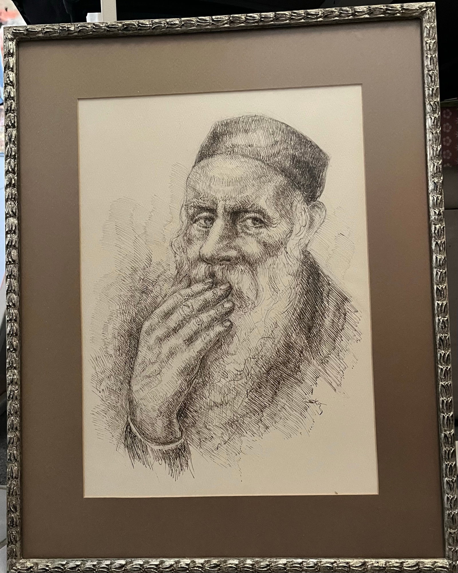 Vintage Original Ink Drawing. Rabbi in Contemplation. Hand Signed. 24-3/4 x 17-1/4 inches. Original (1 of 1)