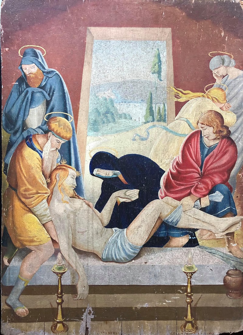 Religious oil painting circa 1920: Religious oil painting circa 1920 signature and illegible inscription. Measure: 50 x 37 cm Art Artwork Artist.