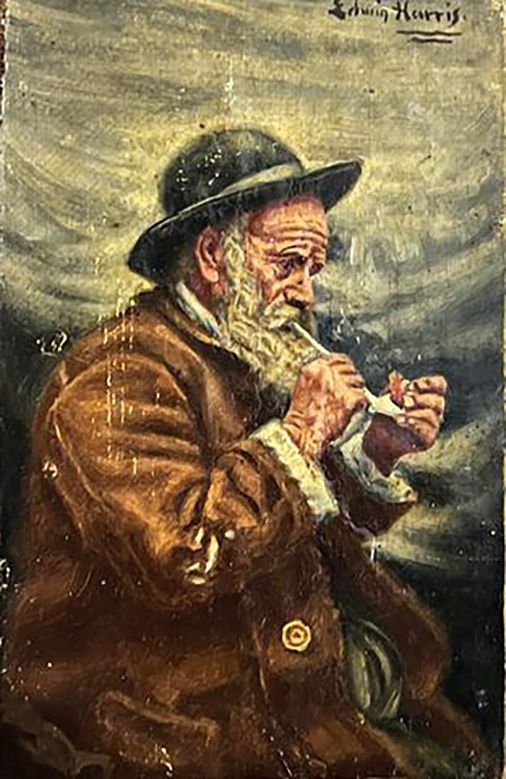 Edwin Harris (1855-1906) oil painting on canvas: Edwin Harris (1855-1906)Technique: oil painting on canvas Signed: Edwin Harris back right sideTitle: Old man lighting a pipeMeasurements: 14 x 9.3 cm.Biography:Harris entered the Birmingham School of