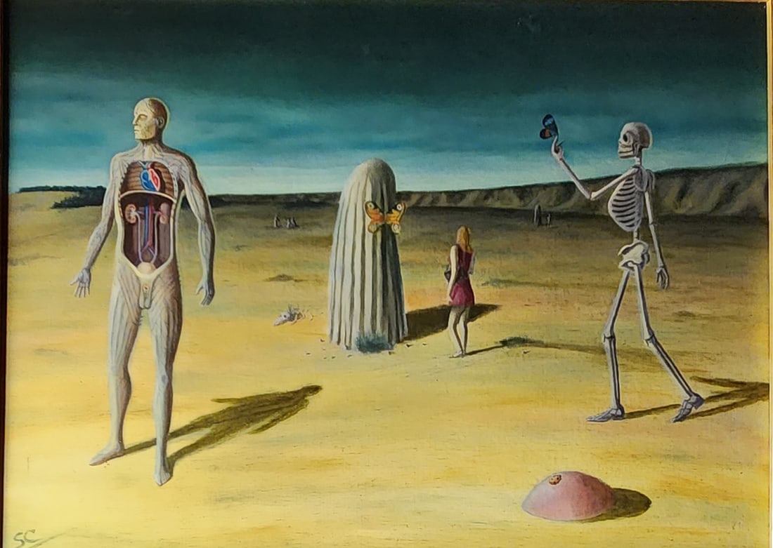 RARE OLD PAINTING ON CANVAS FROM THE 1960S. ILLEGIBLE SIGNATURE TITLED ANATOMICAL MEDITATOR.: Rare old painting on canvas from the 1960s. Illegible signature. Titled Anatomical Mediator. Approx 29x21 inches. Art Artwork Artist.