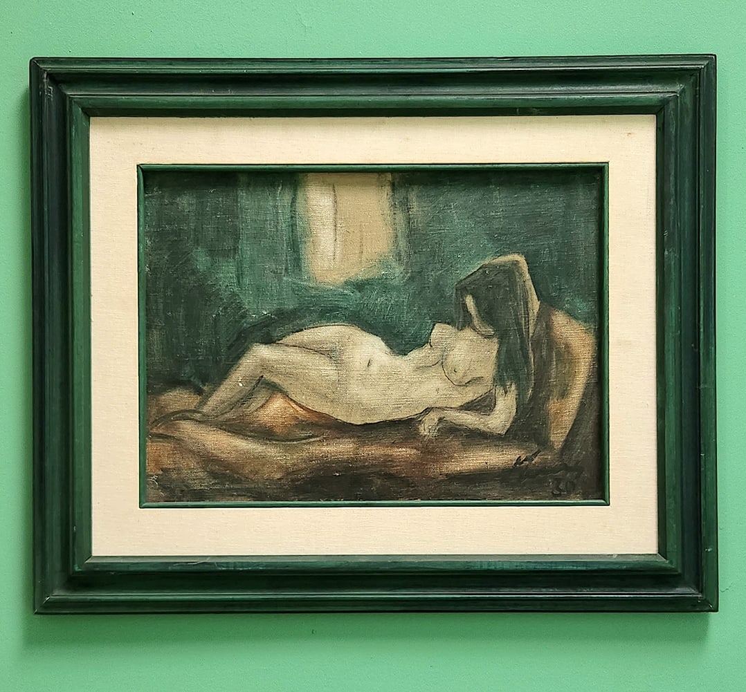 OLD PAINTING FEMALE NUDE ILLEGIBLE SIGNATURE: OLD PAINTING FEMALE NUDE ILLEGIBLE SIGNATUREOld painting female nude illegible signatureBeautiful and decorative painting. oil, fabric, woodfemale nudeframed measurements 47cm (18.5 in ) x 39cm (15 in