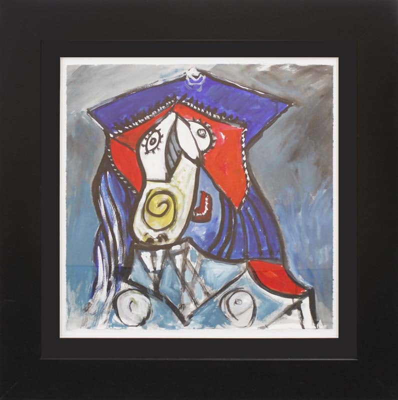 Pablo Picasso 1978 (Spanish 1881-1973) In the manner of Pablo Picasso on paper: Original oil on paper In the manner of Pablo Picasso (Spanish 1881-1973) Hand signed. Approx 30x26 inches. Custom framed and includes documentation. Art Artwork Artist.