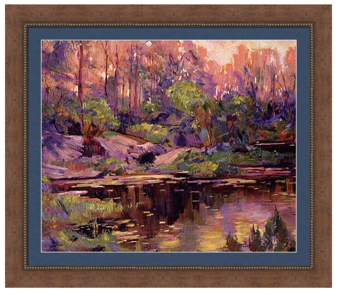 David Lloyd Glover (Canadian 1949) Golden hour at the Pond Original Mixed Media Painting on canvas: Golden hour at the Pond Original Mixed Media Painting on canvas by David Lloyd Glover Hand signed by the artist One of a kind original. 24x18 inches image size Custom framed and includes certificate o