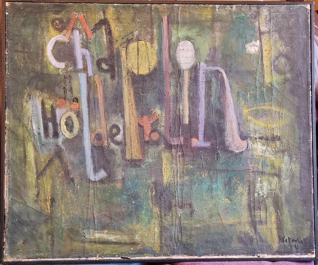 Hans Platschek German 1923-2000 oil on canvas 1954 Buchstaabenbild: Hans Platschek German 1923-2000 oil on canvas 1954 Buchstaabenbild Oil on canvas. Dated 1954. 19.69 x 23.62 in (50 x 60 cm). Signed “Platschek” 54 in black paint lower right, titled upper righ