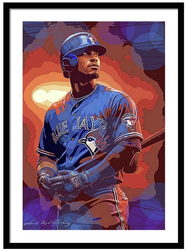 Vladimir Guerro Blue Jays Hand embellished oil on canvas by David Lloyd Glover (Canadian 1949): Vladimir Guerro Blue Jays Hand embellished oil on canvas by David Lloyd Glover (Canadian 1949)Vladimir Guerro Blue Jays Hand embellished oil on canvas by David Lloyd Glover Hand signed Approx 24x18 in