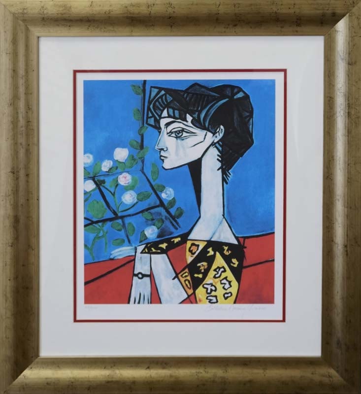 Pablo Picasso (Spanish 1881-1973) Limited edition Lithograph Jacqueline With Flowers Collection: Pablo Picasso (Spanish 1881-1973) Limited edition Lithograph Jacqueline With Flowers Collection DomainePablo Picasso Limited edition Lithograph Jacqueline with Flowers. Custom framed. Estate signed. F