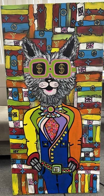 Cool Cat In Style: Original Painting on canvas by Art Chorny Hand signed by the artist. One of a kind original. Includes certificate of authenticity Custom Framed. Approx 30x16 inche. This comes framed. Art Artwork Arti