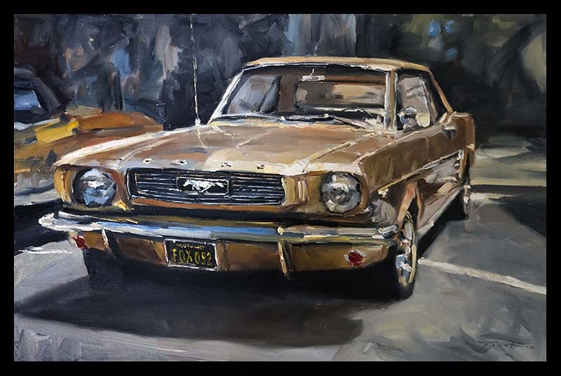 Jorn Fox (American 1954) Original Painting on canvas. Ford Mustang 1962: Original Painting on canvas Approx 24 x 30 inches. One-of-a-kind original. Hand signed by the artist Jorn Fox (American 1954) Custom Framed. Includes certificate of authenticity. This work was purchas