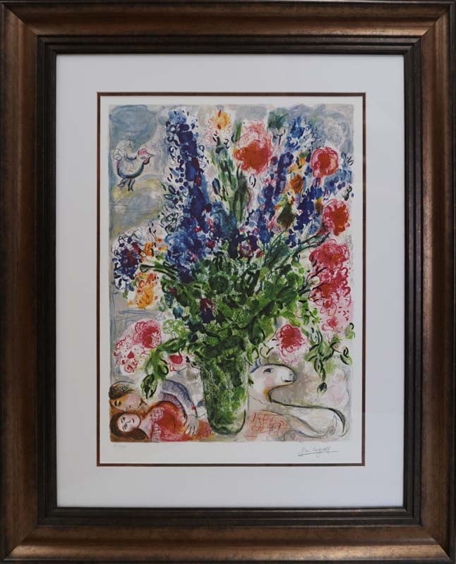 Marc Chagall (Russian-French 1887-1985) Limited Edition Lithograph Lupins Bleu: Marc Chagall (Russian-French 1887-1985) Limited Edition Lithograph Lupins BleuSerenade Lithograph limited edition after Marc Chagall. The signature is in the plate. Approx 30 x 26 inches. Includes cer