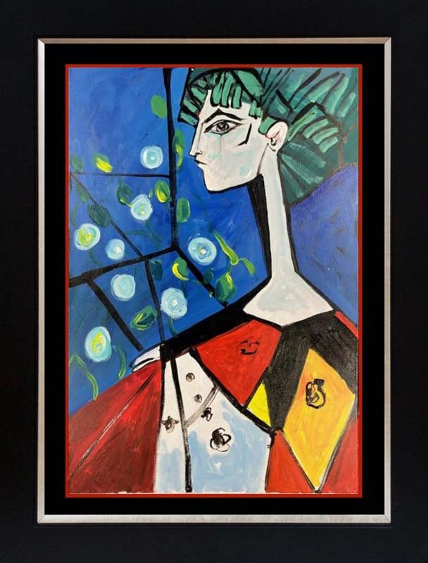 Pablo Picasso (Spanish 1881-1973) in the manner of Picasso oil painting on canvas: Pablo Picasso (Spanish 1881-1973) oil painting on canvas in the manner of Pablo Picasso (Spanish 1881-1973) on canvas. Approx 30x24 inches Custom framed. Includes documentation. Art Artwork Artist.
