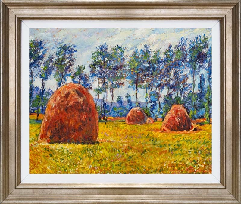 David Lloyd Glover (American 1949) Hay Stacks Original Mixed Media Painting on canvas David Lloyd: Mixed media on canvas by David Lloyd Glover Hand signed by the artist. On canvas image size Approx image size 18x24 inches Custom framed and includes certificate This work was purchased directly from 