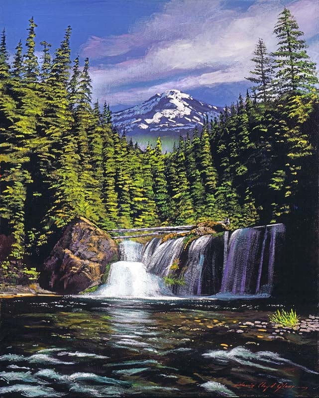 David Lloyd Glover (American 1949) Cold Water Falls Original Mixed Media Painting on canvas David: Mixed media on canvas by David Lloyd Glover Hand signed by the artist. On canvas image size Approx image size 18x24 inches Custom framed and includes certificate This work was purchased directly from 