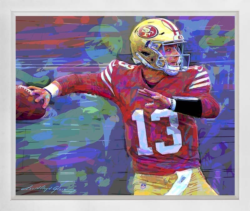 David Lloyd Glover (American 1949) Brock Purdy QB San Francisco Original Mixed Media Painting on: Brock Purdy QB San Francisco Original Mixed Media Painting on canvas by David Lloyd Glover Hand signed by the artist. Custom framed and includes certificate from the artist. Approx 24x18 image size an