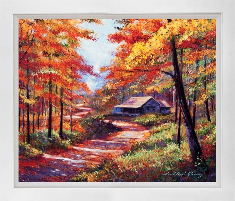 David Lloyd Glover (American 1949) Cabin in the Woods Mixed Media Original Painting on canvas by: Mixed media on canvas by David Lloyd Glover Hand signed by the artist. On canvas image size. Approx image size 18x24 inches Custom framed and includes certificate. This work was purchased directly fro