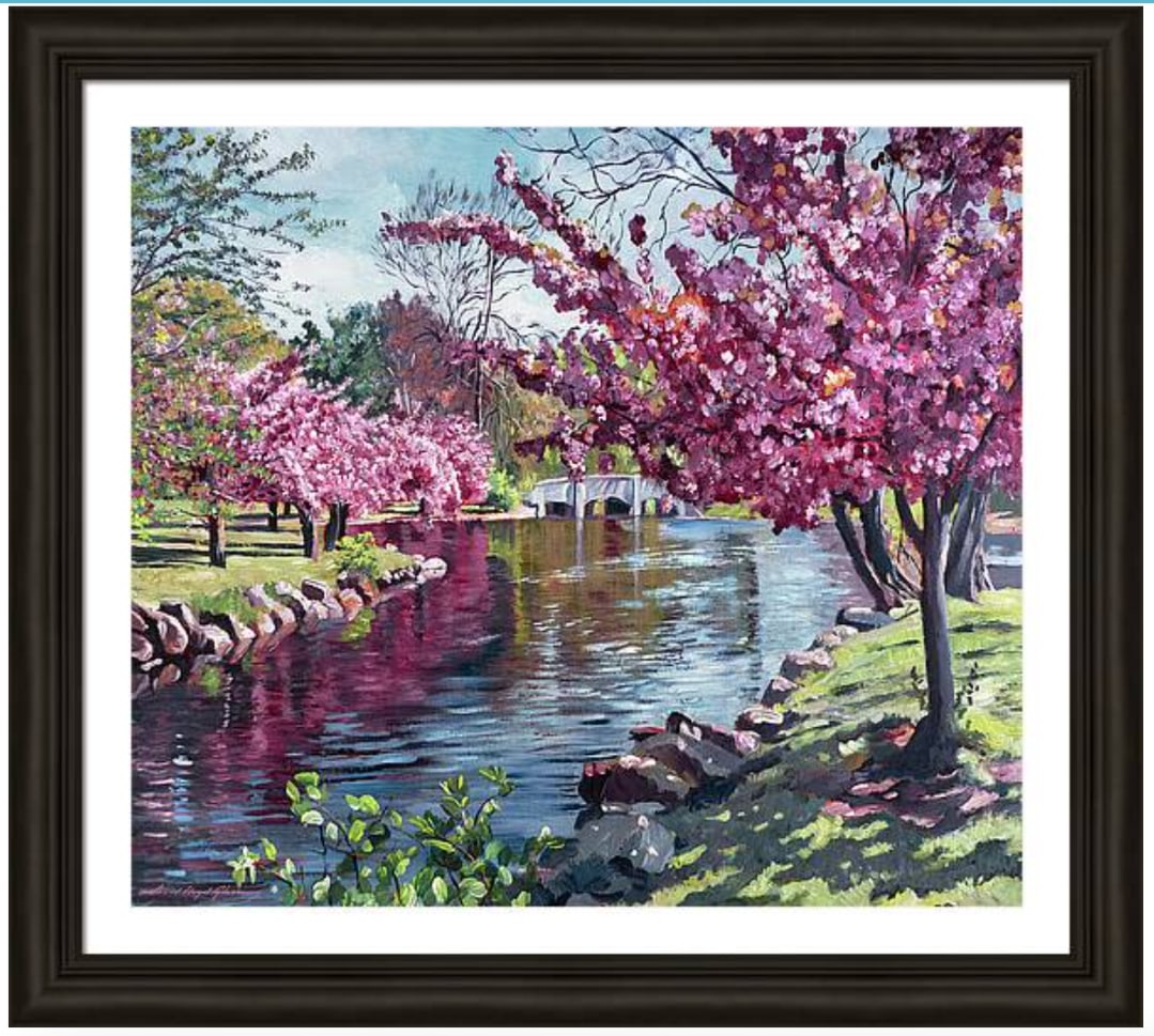 David Lloyd Glover (American 1949) The Tree Blossom Reflections Original Mixed Media Painting on: Mixed media original by David Lloyd Glover. Hand signed by the artist. On canvas. Approx 18x24 inches image size. Custom framed and includes certificate. This work was purchased directly from the arti