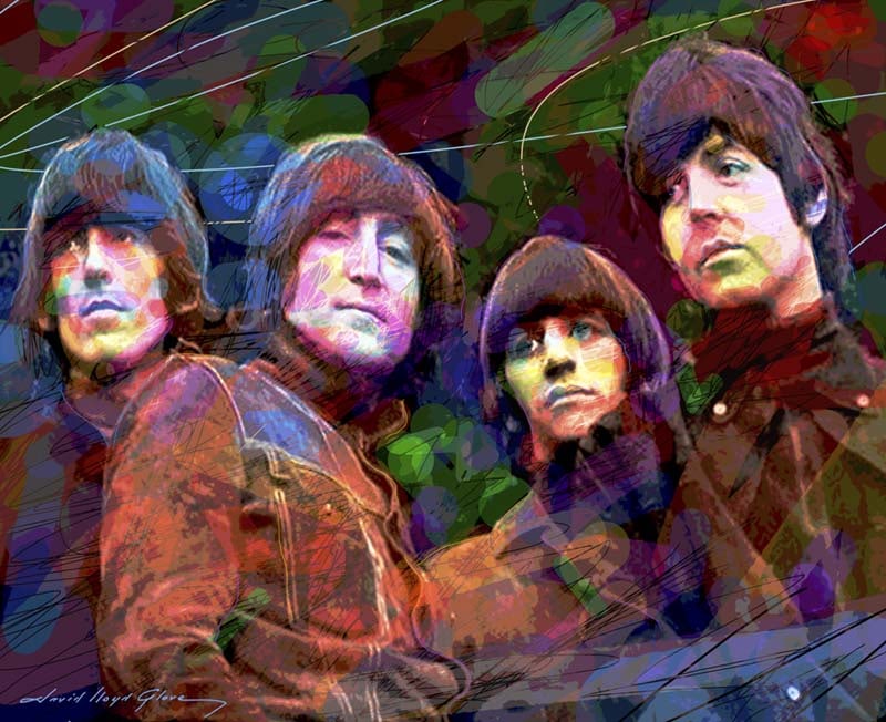 David Lloyd Glover (American 1949) Rubber Soul The Beatles Original Mixed Media Painting on canvas: Mixed media on canvas by David Lloyd Glover. Hand signed by the artist. On canvas. Approx image size 18x24 inches. Custom framed and includes certificate. This work was purchased directly from the art