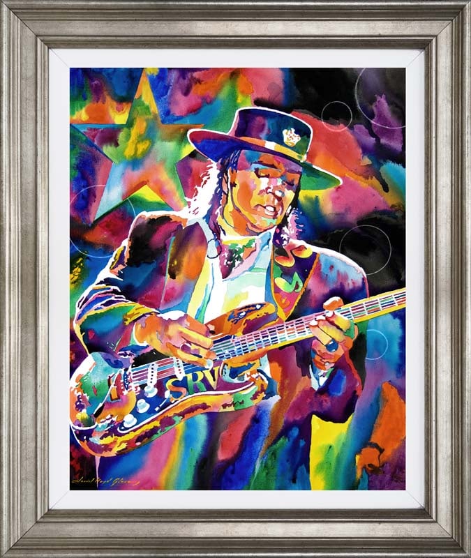 David Lloyd Glover (American 1949) Stevie Ray Vaughan. Mixed media original David Lloyd Glover: Stevie Ray Vaughan Mixed media on canvas by David Lloyd Glover Hand signed by the artist. oil painting on canvas. Approx 18x24 inches image size. Custom framed and includes certificate. This work was 