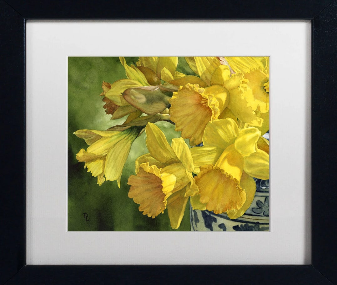 Donna Lesley (American 1940-2010) Daffodils in Chinese Pot Limited Edition ink on paper hand signed: Donna Lesley (American 1940-2010) Limited Edition on paper hand signed by the estate. Approx 30x20 inches. Hand signed by the Estate and numbered. Includes certificate. Art Artwork Artist.