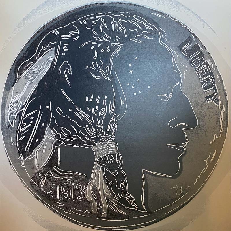 Andy Warhol (American 1928-1987) Screenprint Indian Head Nickel 1986 from the Cowboys and Indians: Andy Warhol (American 1928-1987) Andy Warhol Indian Head Nickel. Serigraph Screenprint and Colophon. 1986. Approx. 36 x 36 inches. This working trial proof was made outside the regular edition during 