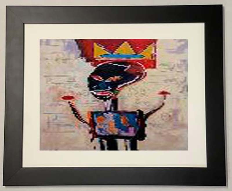 Jean-Michel Basquiat (American 1960-1988) Mixed media canvas in the manner of Jean-Michel Basquiat: Jean-Michel Basquiat (American 1960-1988) oil painting on canvas in the manner of Jean-Michel Basquiat. Approx.18 x 24 inches image size. Custom framed. Includes documentation. Art Artwork Artist.