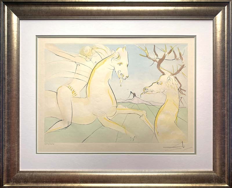 Salvador Dali (Spanish 1904-1989) Limited Edition Fables of Fontaine Original Lithograph Hand signed: Salvador Dali (Spanish 1904-1989) Fables of Fontaine Limited Edition. Original Lithograph Salvador Dali (Spanish 1904-1989) Hand signed and numbered by Dali. Custom framed Includes certificate. Approx