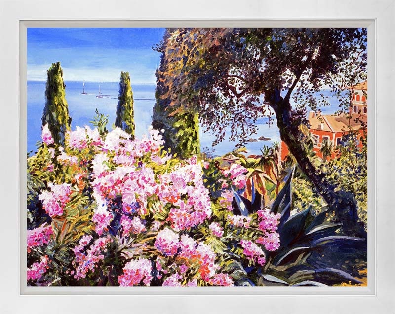 David Lloyd Glover (American 1949) Mediterranean Gardens Mixed Media Original Painting on canvas by: Mixed media on canvas by David Lloyd Glover Hand signed by the artist. On canvas image size. Approx image size 18x24 inches. Custom framed and includes certificate. This work was purchased directly fr