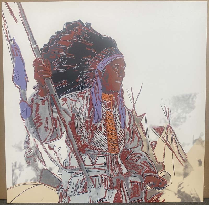 Andy Warhol (American 1928-1987) Screenprint War Bonnet 1986 36x36 inches Serigraph: Andy Warhol (American 1928-1987) Andy Warhol Serigraph War Bonnet 1986 36x36 inches approx. This is an unsigned working trial proof made outside the regular edition during the process of image develop