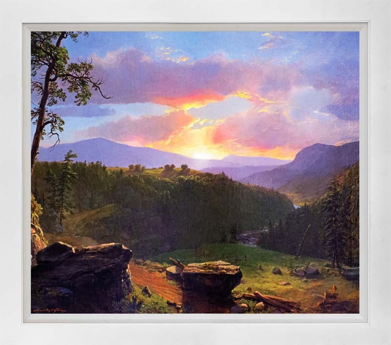 David Lloyd Glover (American 1949) Sunset over Big Rocks Mixed Media Original Painting on canvas by: Mixed media on canvas by David Lloyd Glover Hand signed by the artist. On canvas image size. Approx image size 18x24 inches Custom framed and includes certificate. This work was purchased directly fro