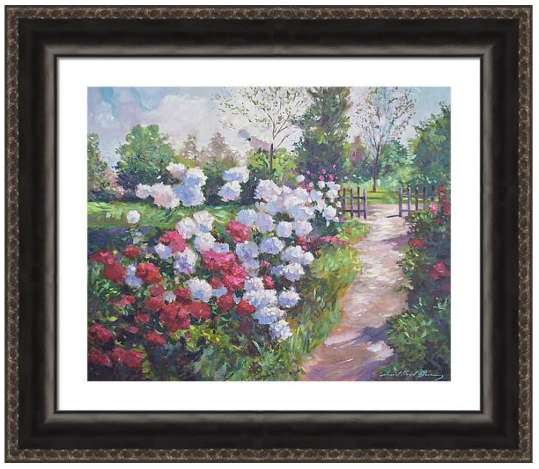 David Lloyd Glover (American 1949) Blossom Lane Original Mixed Media Painting on canvas by David: Mixed media original by David Lloyd Glover. Hand signed by the artist. On canvas. Approx 18x24 inches image size. Custom framed and includes certificate. This work was purchased directly from the arti