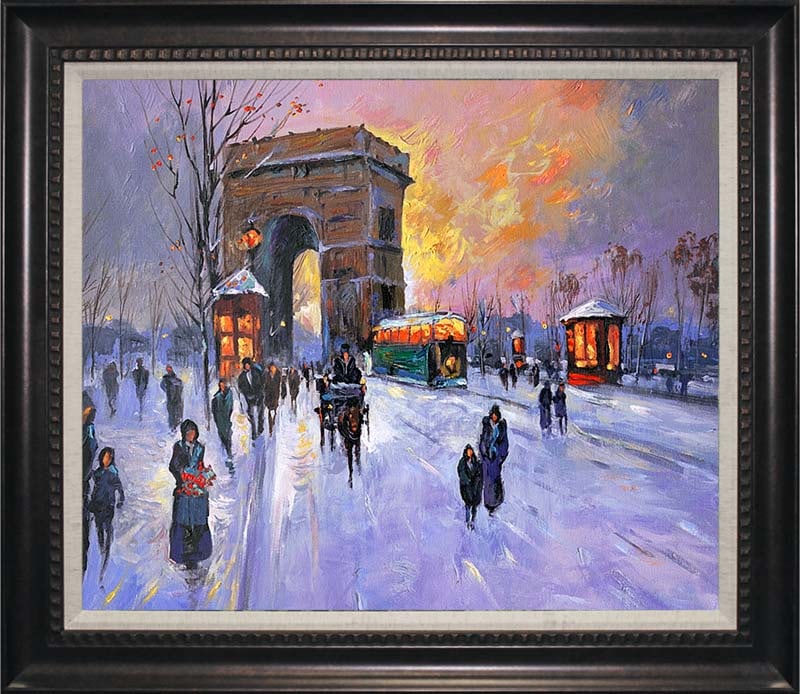 Michael Schofield (American 1947) Winter Arch D'Triomphe Hand Embellished Painting on canvas by: Michael Schofield (American 1947) Hand Embellished Painting on canvas. Approx 18 x 22 inches. Hand signed by the artist. Includes certificate of authenticity. This work was purchased directly from the
