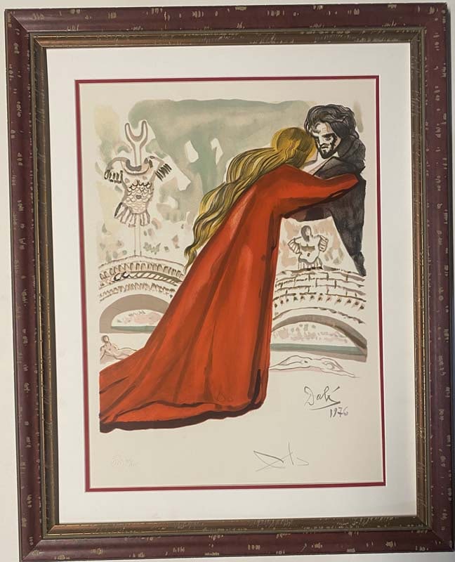 Salvador Dali (Spanish 1904-1989) Limited Edition Lithograph Pilade Aimait Hermione from The Art of: Salvador Dali (Spanish 1904-1989) Pilade Aimait Hermione from The Art of Loving Ovide 1979. Lithograph in Colors. Hand signed and numbered. Limited Edition. Fingerprint on verso for authenticity. Appr