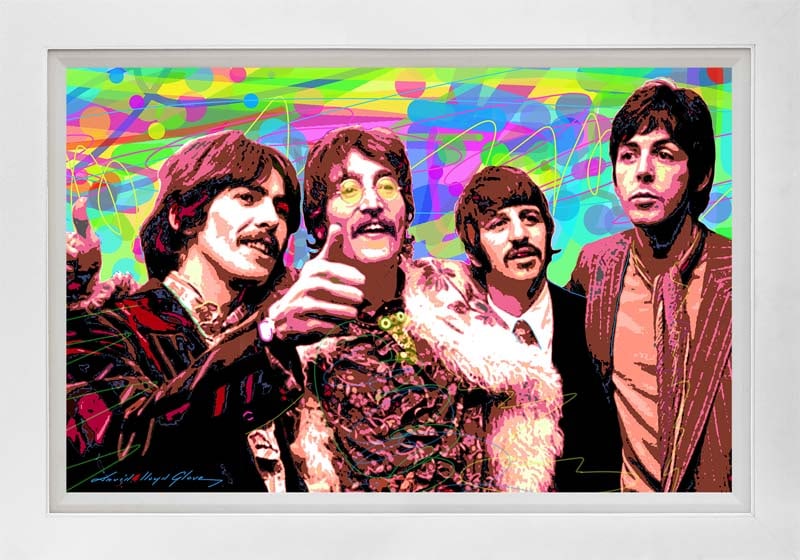 David Lloyd Glover (American 1949) Mixed Media Original Painting on canvas by David Lloyd Glover: Psychedelic Beatles Original Mixed Media Painting on canvas by David Lloyd Glover Hand signed by the artist. On canvas image size. Approx image size 18x24 inches. Custom framed and includes certificat