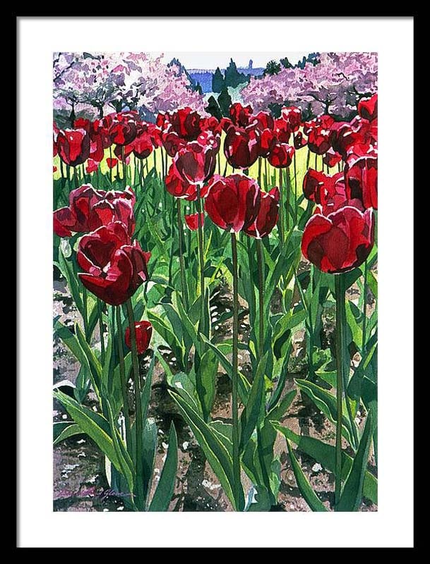 David Lloyd Glover (American 1949) Claret Tulips Original Mixed Media Painting on canvas by David: Mixed media original by David Lloyd Glover. Hand signed by the artist. On canvas. Approx 18x24 inches image size. Custom framed and includes certificate. This work was purchased directly from the arti