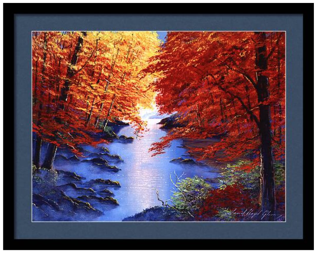 David Lloyd Glover (American 1949) Lake Mist in Autumn Original Mixed Media Painting on canvas by: Mixed media original by David Lloyd Glover. Hand signed by the artist. On canvas. Approx 18x24 inches image size. Custom framed and includes certificate. This work was purchased directly from the arti