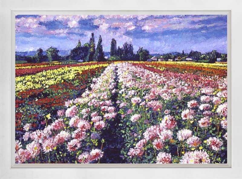 David Lloyd Glover (American 1949) Fields of Dahlias Original Mixed Media Painting on canvas David: Fields of Dahlias Original Mixed Media Painting on canvas David Lloyd Glover On canvas. Approx image size 24 x18 inches. Custom framed and includes certificate. This work was purchased directly from t