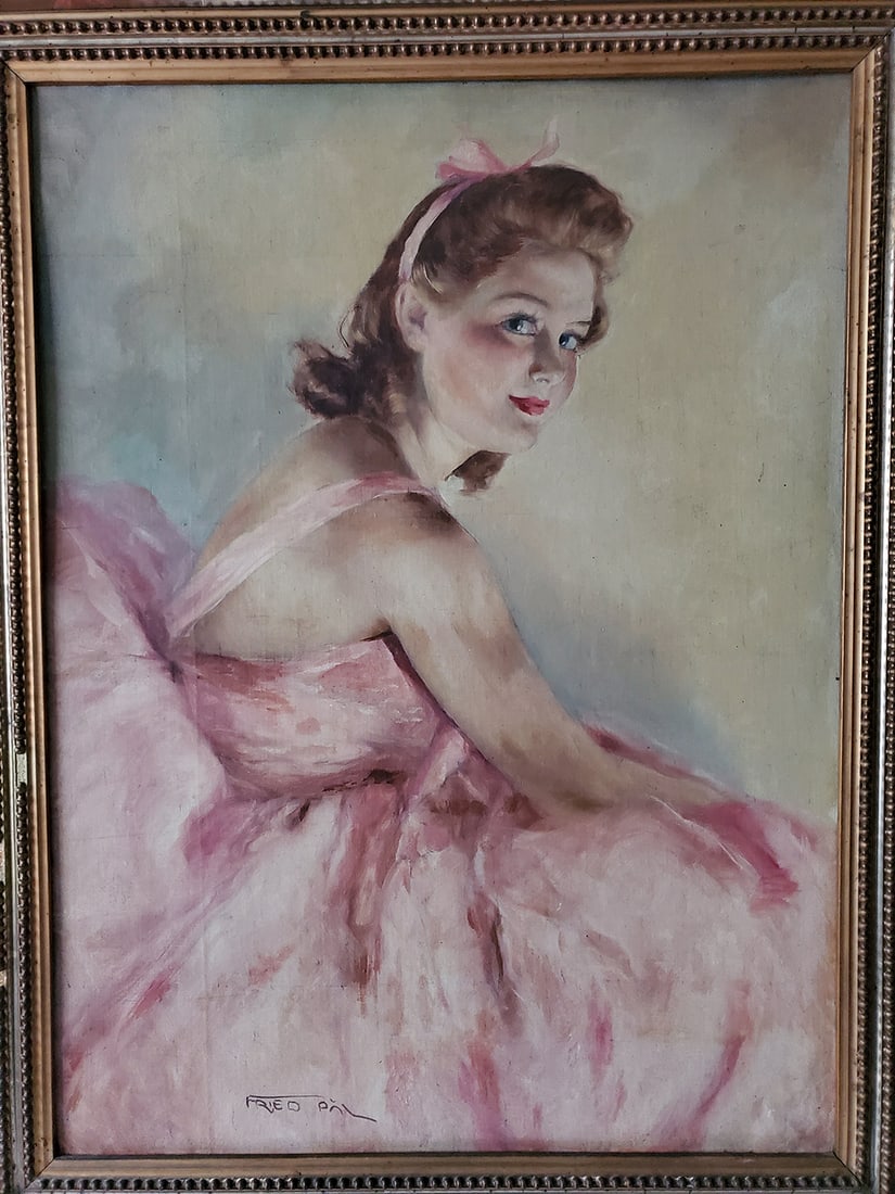 Pal Fried (1893-1976) Original oil painting on canvas: Pal FRIED (1893-1976) Vintage figurative painter. He lived in Los Angeles and New York.Pal FRIED (1893-1976), smiling blue-eyed blonde dancer in pink oil painting on canvasMeasurements: 80cm x 60 cm (