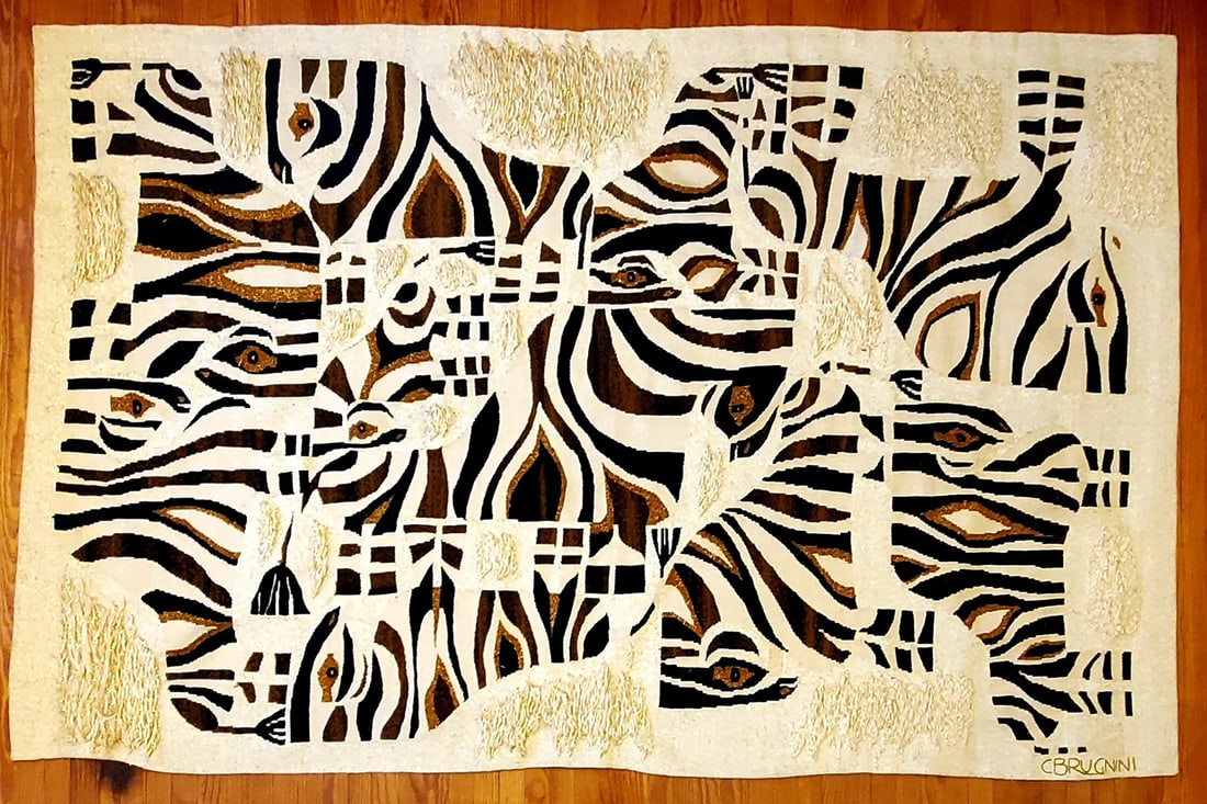 Tapestry Zebra Puzzle by Cecilia Brugnini 1984.: Tapestry Zebra Puzzle by Cecilia Brugnini 1984.Technique: kilim (Gobelin) Hautelisse Measurements: 208 x 142 cm (82 in x 56 in ). Materials used: Wool, cotton, thread, synthetic, lights, etc. Unique