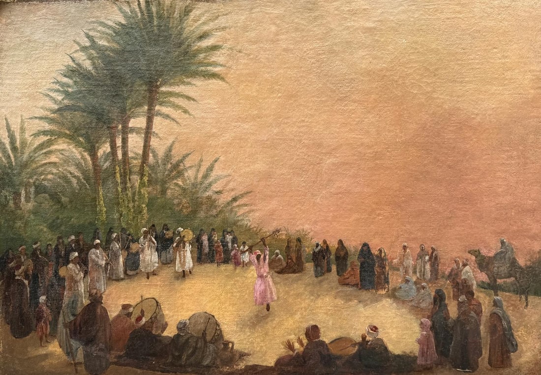 Anonymous Orientalist (Franco-Algerian School), 19th Century Technique: oil painting on canvas: Artist: Anonymous Orientalist (Franco-Algerian School), 19th CenturyTechnique: oil painting on canvasTitle: “Dance at Sunset in the Oasis”, ca. 1870–1895 stepDate of Execution: 1870–1895Di