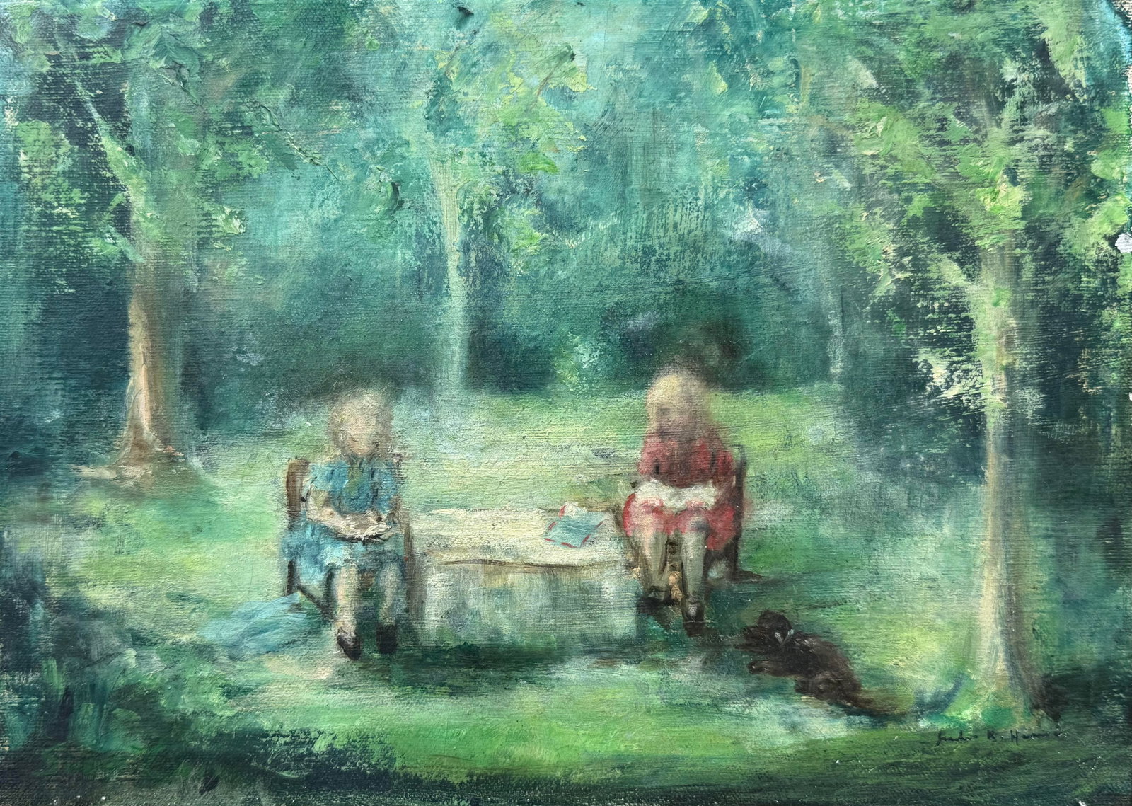 Artist: Jules Rene Herve (1887-1981) Technique: oil painting on canvas Title: Children in the Forest: Jules Rene Herve (1887-1981)Technique: oil painting on canvasTitle: Children in the ForestDimensions: 28 x 23 aprox.Signature: Lower right cornerProvenance: Private collection Art Artwork Artist.