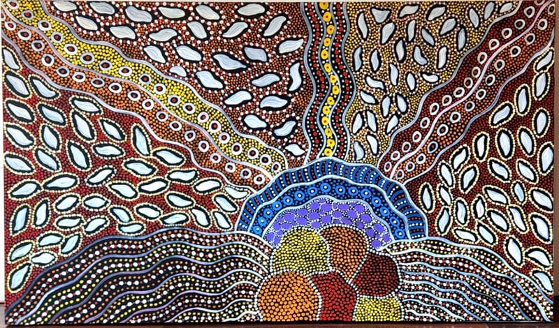 Anna Petjara, acrylic on canvas, 1965 “Utopia??, a genuine work of Australian Aboriginal art.: Anna Petjara, acrylic on canvas, 1965 “Utopia”, a genuine work of Australian Aboriginal art. Approx 60x25 inches Anna Petjara, acrylic on canvas, 1965 “Utopia”, a genuine work of Austr