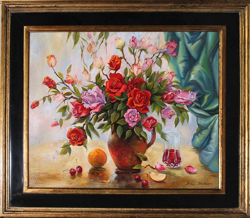 Arina Original Mixed Media Painting Painting Still Life with Apple: Arina-Mixed media Original Still Life with Apple approx. 26 x 30 inches. One of a kind. Hand signed by the artist. Custom framed. This work was purchased directly from the artist. Art Artwork Artist.