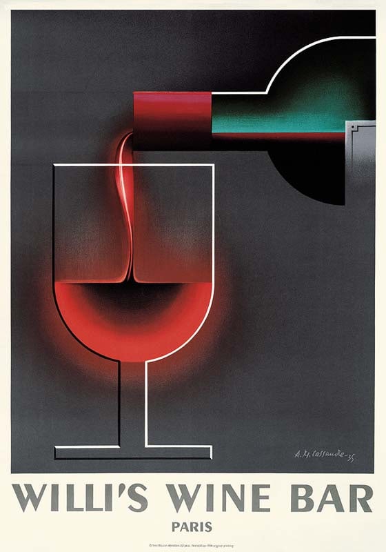 French Poster-Willies Wine Bar: French Poster, printed in 1995-Willies Wine Bar 27x40 printed on archival watercolor paper. Art Artwork Artist.