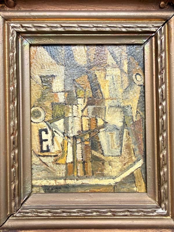 Artist: European Cubist School Title: Silence d’atelier – Still Life, ca. 1925–1935 Technique:: Artist: European Cubist SchoolTitle: Silence d’atelier – Still Life, ca. 1925–1935Technique: Oil on boardMeasurements: 16 x 12 cmProvenance: Private European collectionDescription:A refined cubi