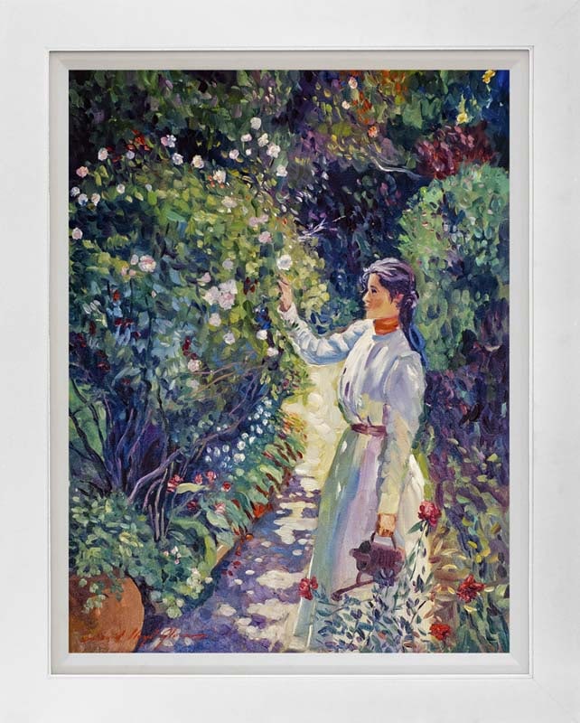 David Lloyd Glover (American 1949) Garden Stroll Hand Embellished Painting on canvas David Lloyd: Garden Stroll Hand Embellished Painting on canvas David Lloyd Glover Hand signed by the artist. On canvas. Approx image size 18x24 inches Custom framed and includes certificate. Art Artwork Artist.