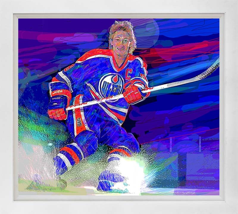 David Lloyd Glover (American 1949) Wayne Gretzky as Captain of the Edmondton Oilers Hand Embellished: Wayne Gretzky as Captain of the Edmondton Oilers Hand Embellished Painting on canvas by David Lloyd Glover Hand signed by the artist. On canvas image size Approx image size 18 x 24 inches Custom frame
